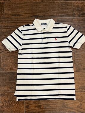 Polo by Ralph Lauren Boys White & Navy Stripe Polo Shirt with Red Logo